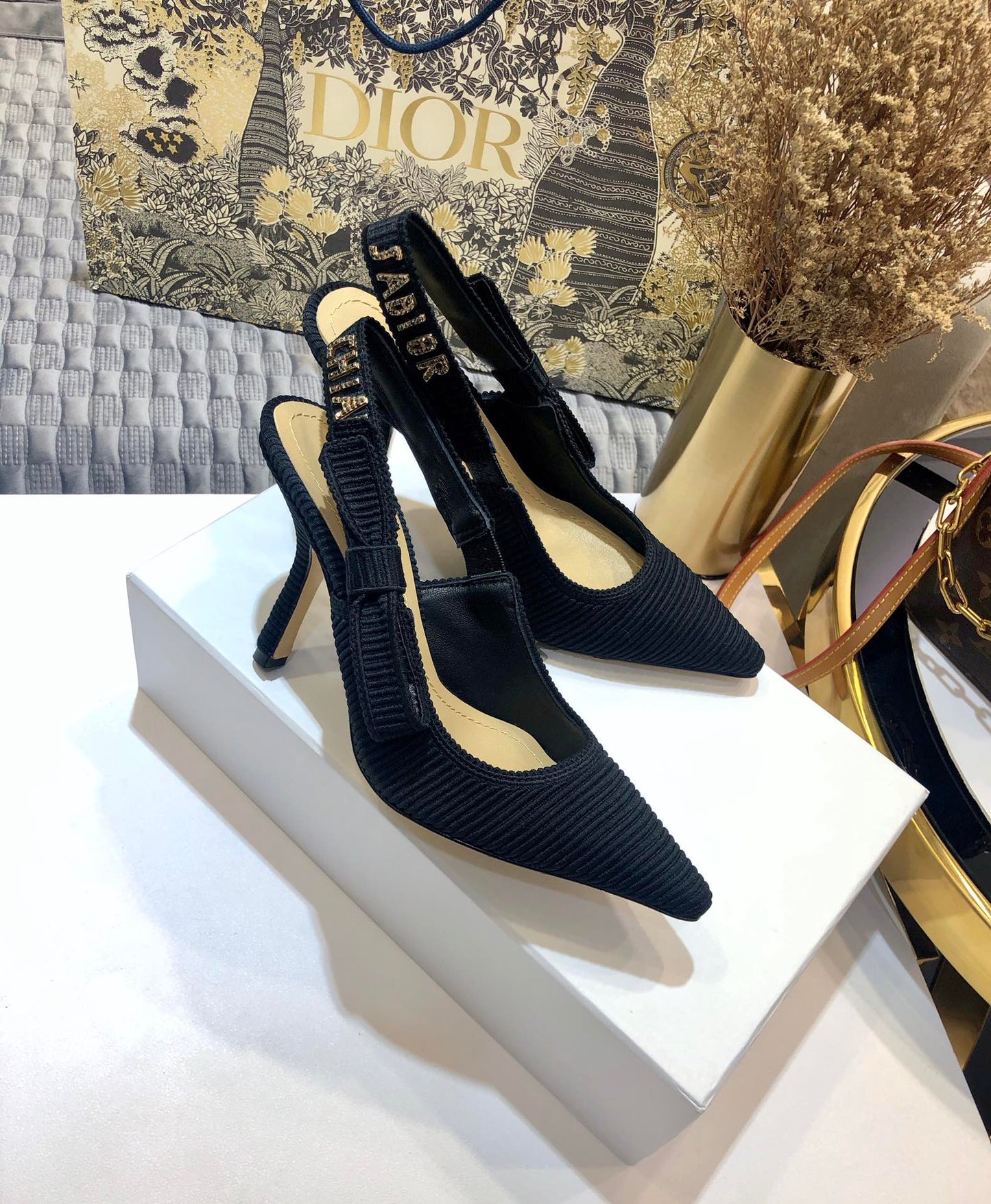 DIOR JA DIOR slingback pumps 95 all black embroidered cotton