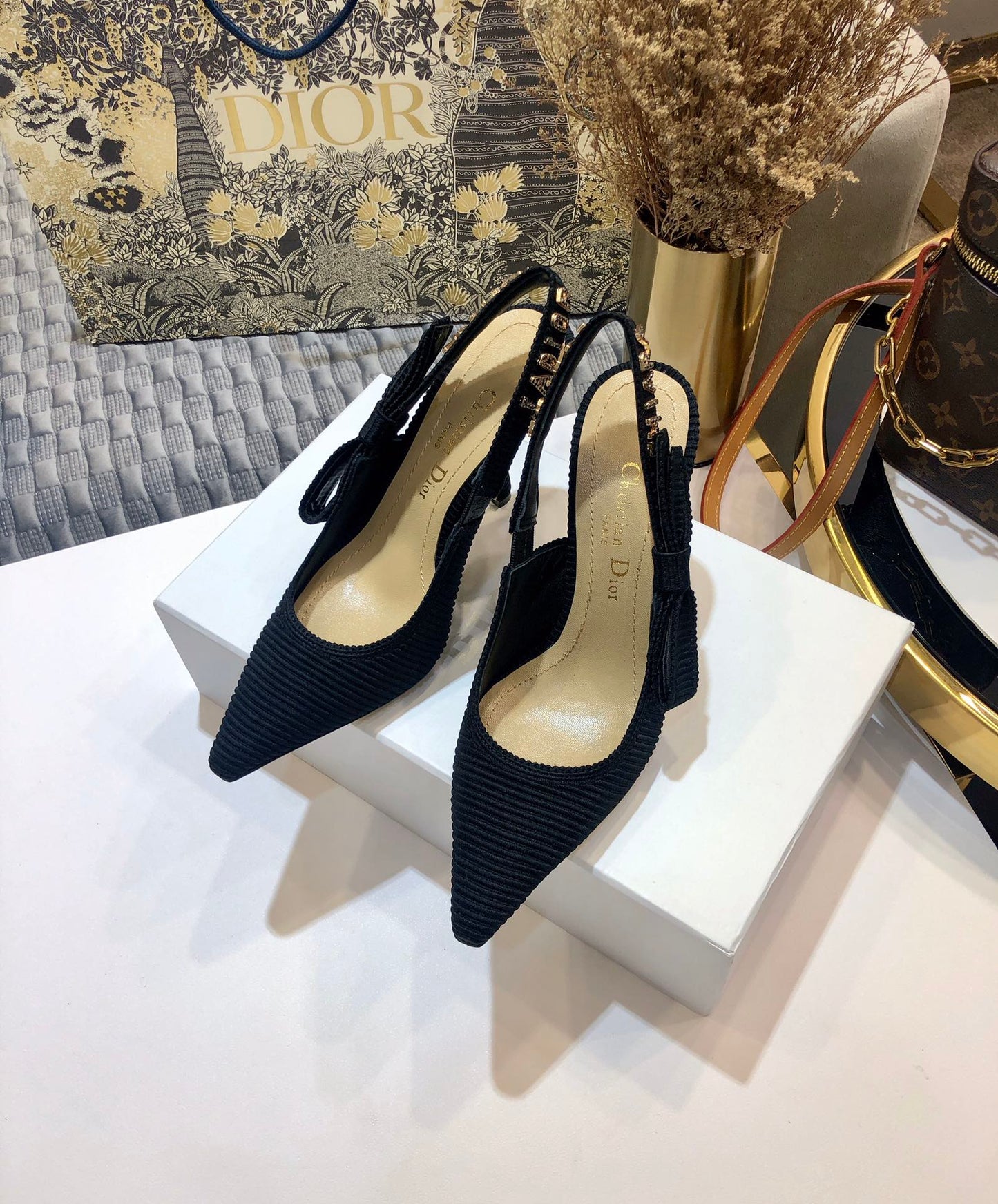 DIOR JA DIOR slingback pumps 95 all black embroidered cotton