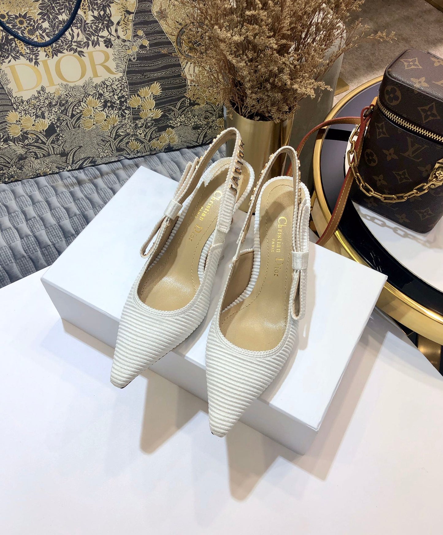 DIOR JA DIOR slingback pumps 65 all white embroidered cotton