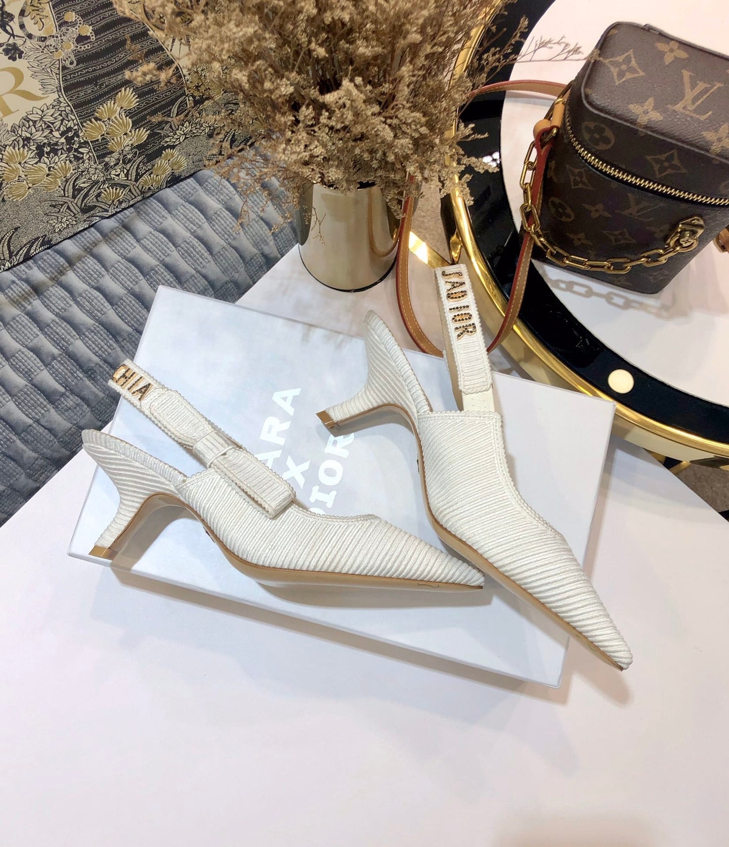 DIOR JA DIOR slingback pumps 65 all white embroidered cotton