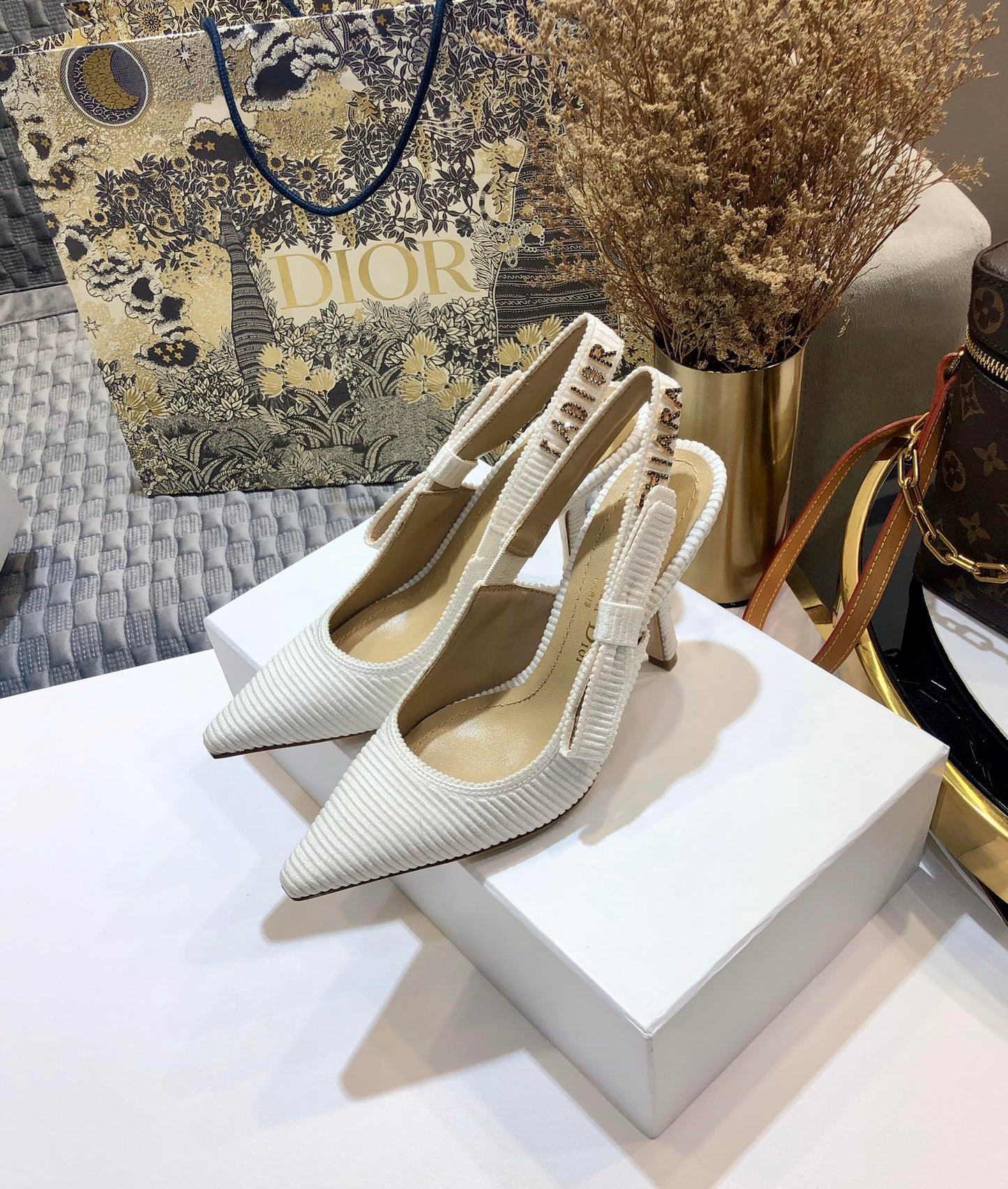 DIOR JA DIOR slingback pumps 95 all white embroidered cotton