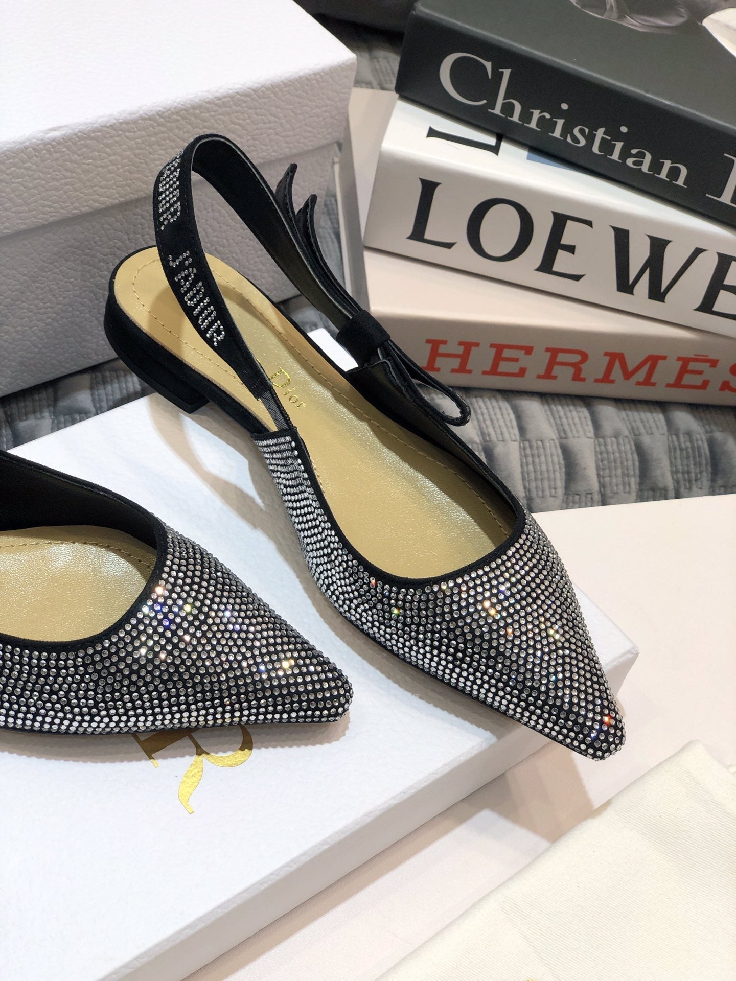 DIOR JA DIOR slingback flat black full diamond crystal and seude