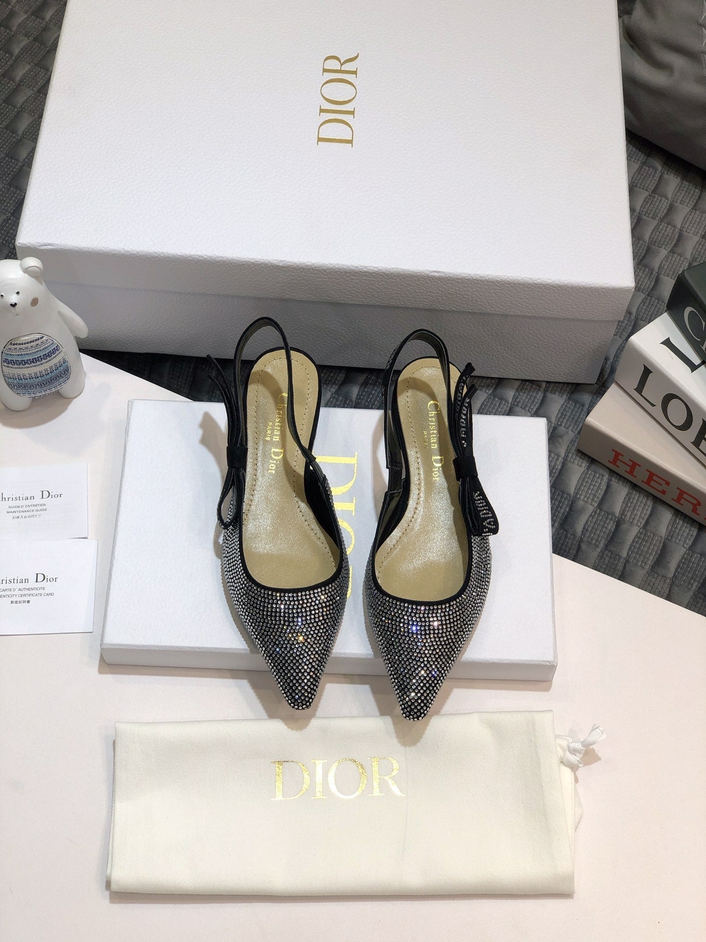 DIOR JA DIOR slingback flat black full diamond crystal and seude