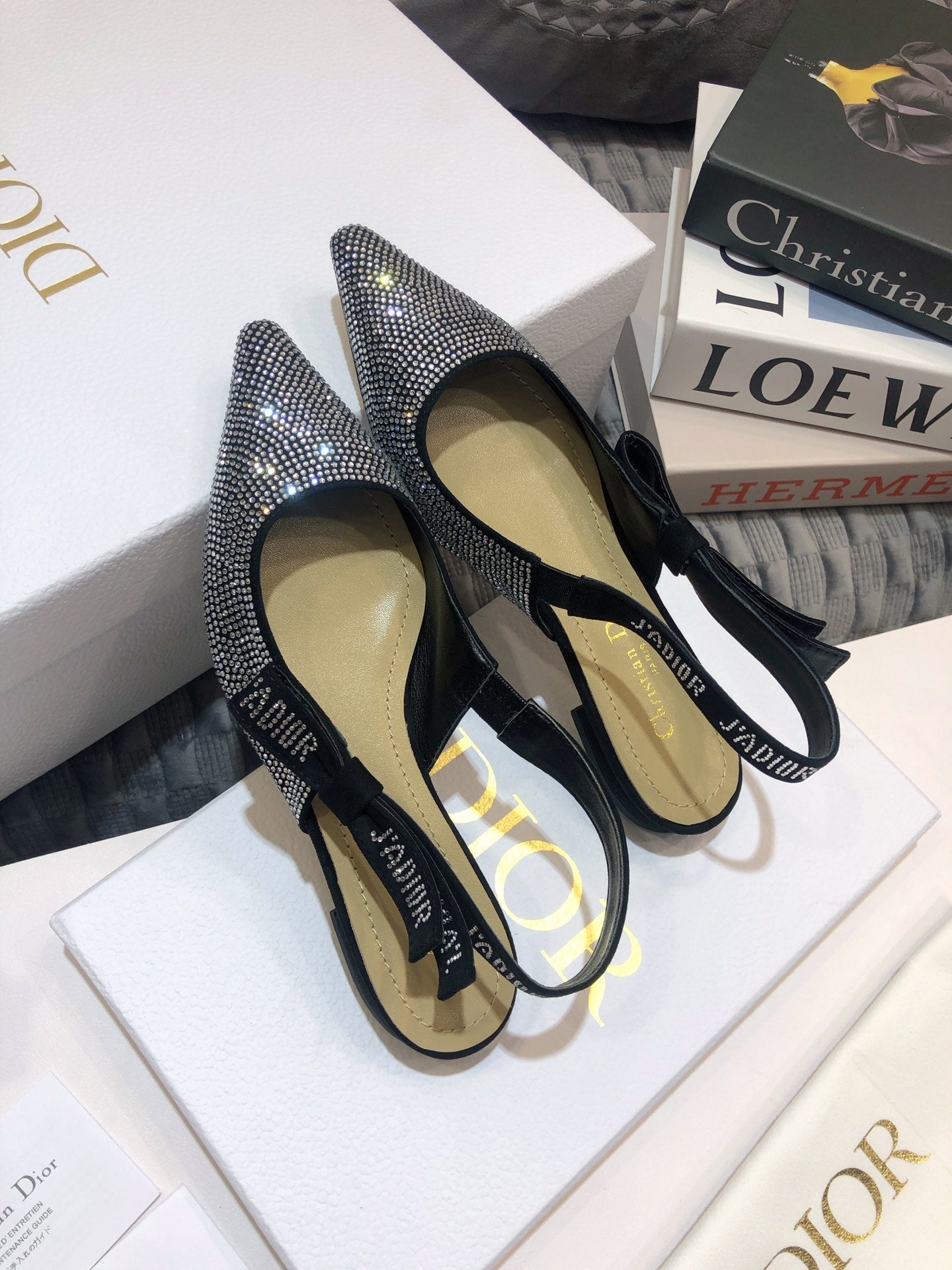 DIOR JA DIOR slingback flat black full diamond crystal and seude
