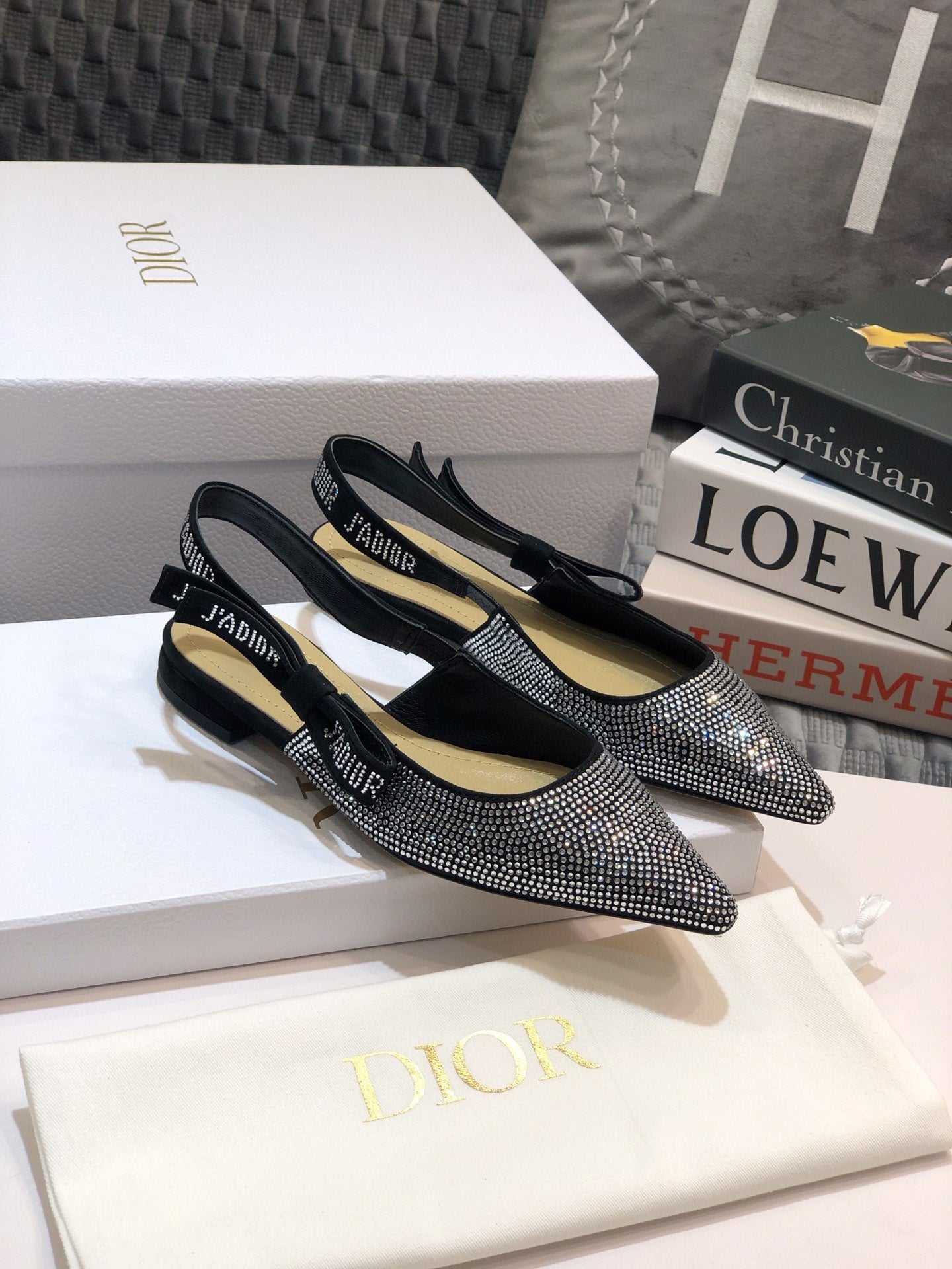 DIOR JA DIOR slingback flat black full diamond crystal and seude