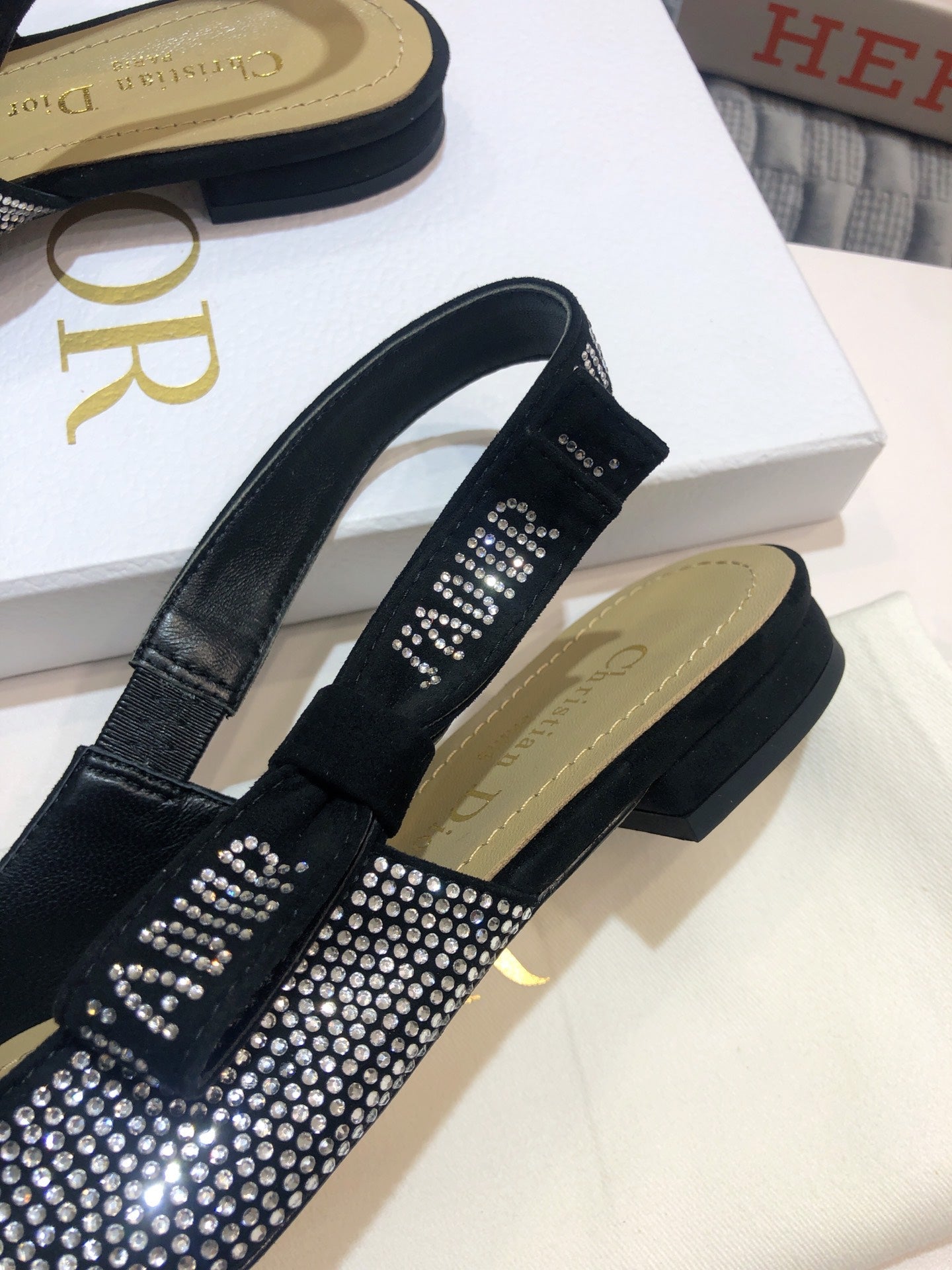 DIOR JA DIOR slingback flat black full diamond crystal and seude