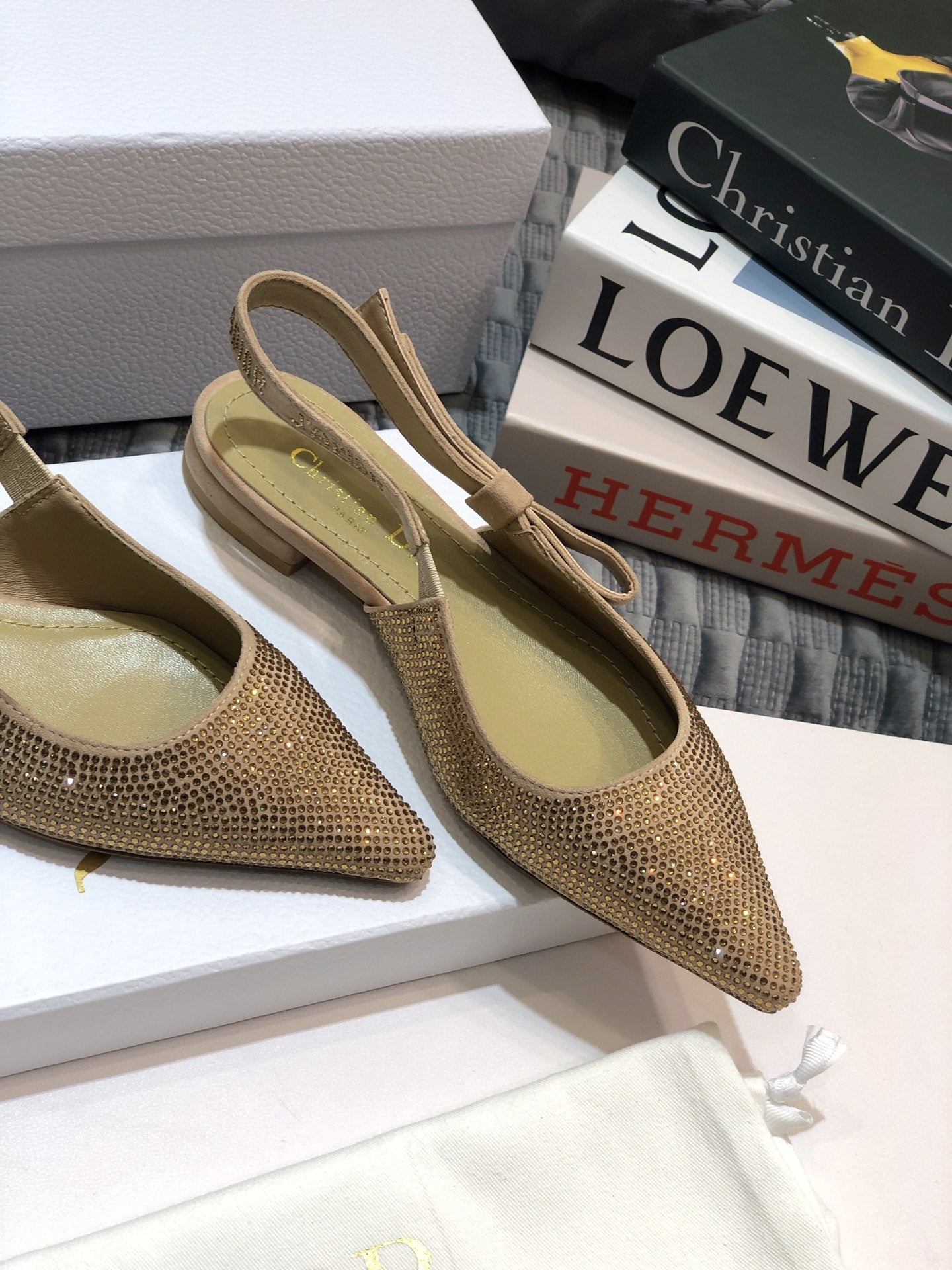 DIOR JA DIOR slingback flat beige full diamond crystal and seude