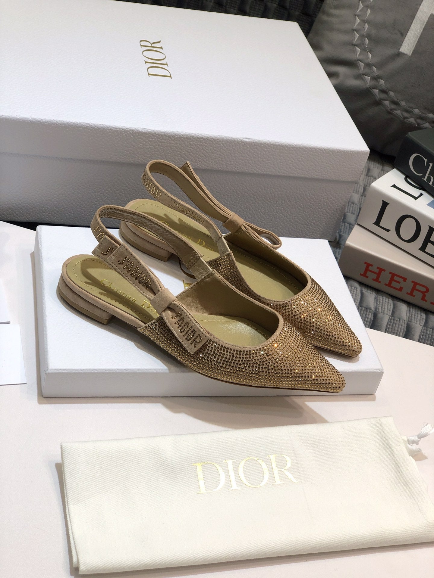 DIOR JA DIOR slingback flat beige full diamond crystal and seude