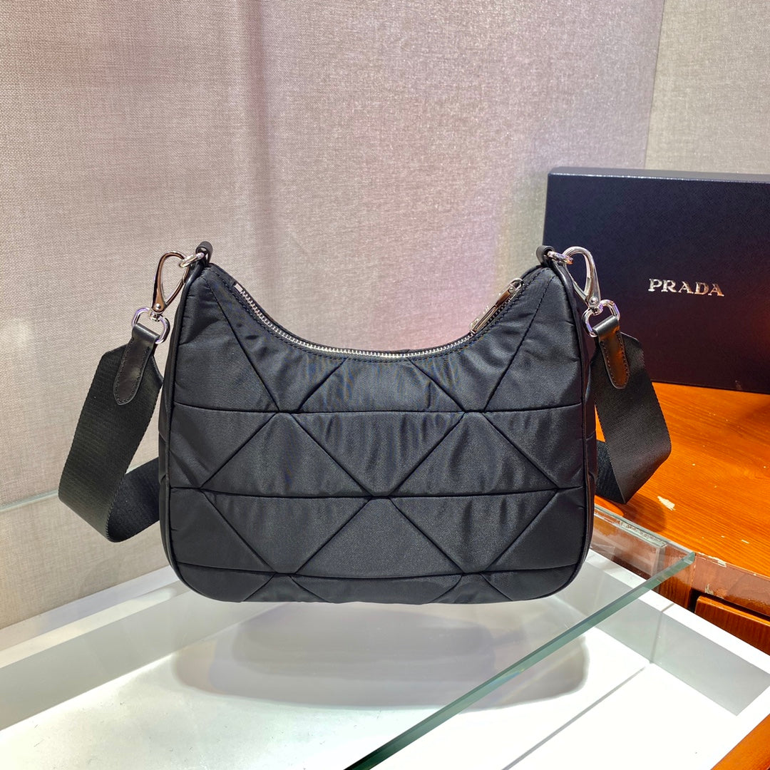 PRADA HOBO BAG 24 IN BLACK TRIANGULAR QUILTED PATTERN RE-NYLON
