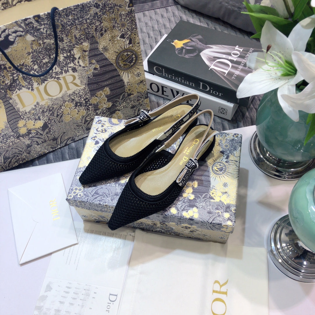 DIOR JA DIOR slingback flat full transparent mesh black embroidered cotton