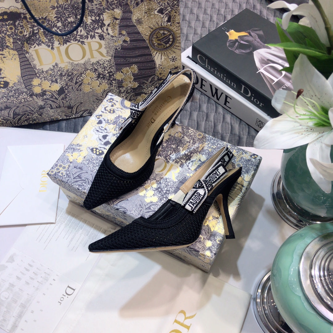 DIOR JA DIOR slingback pumps 95 full transparent mesh black embroidered cotton