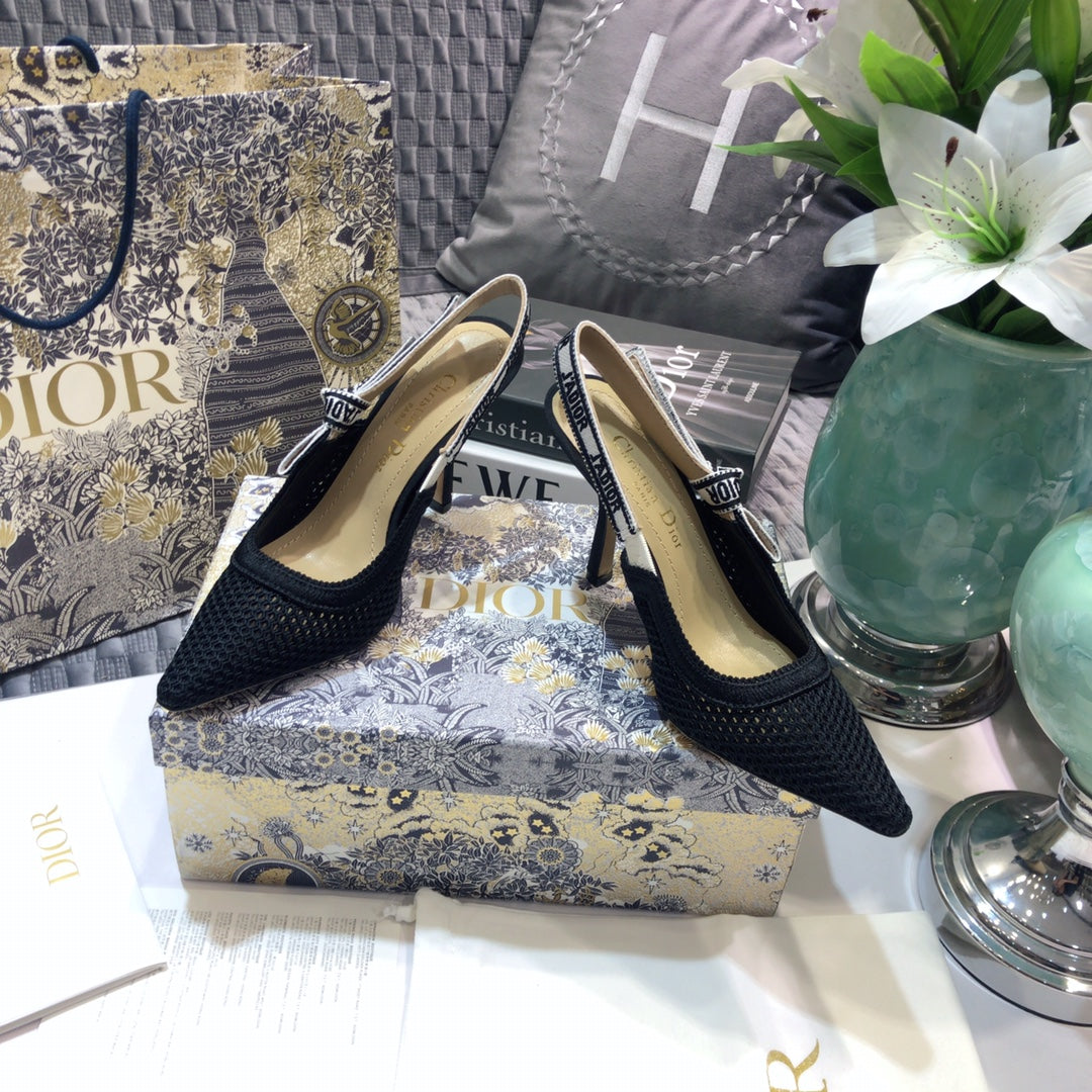 DIOR JA DIOR slingback pumps 95 full transparent mesh black embroidered cotton