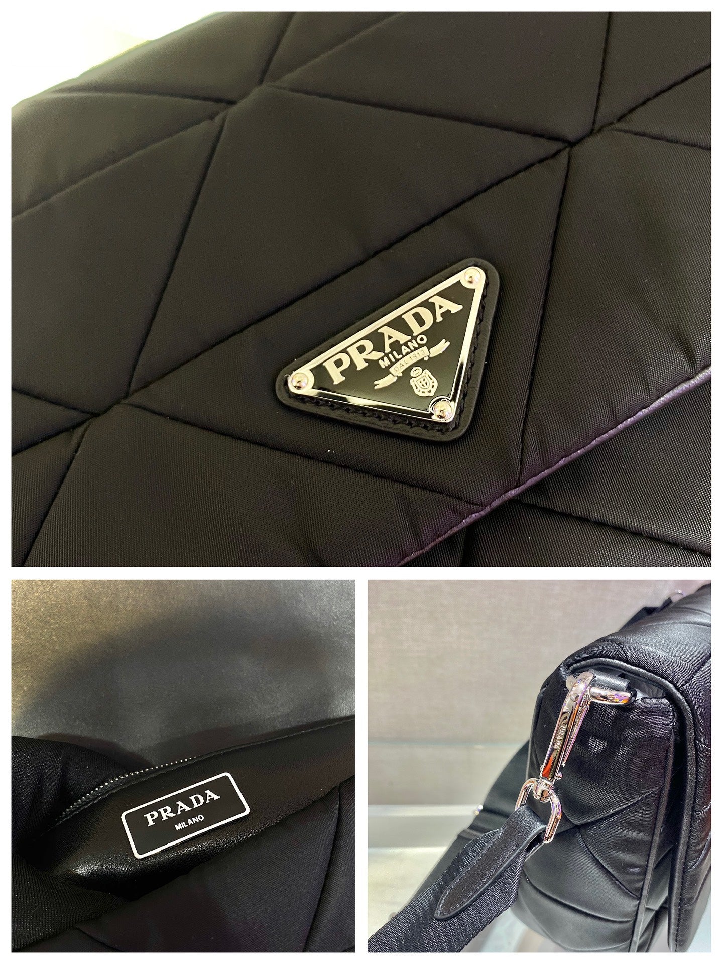 PRADA LARGE FLAP BAG 28 IN BLACK TRIANGULAR QUILTED PATTERN RE-NYLON