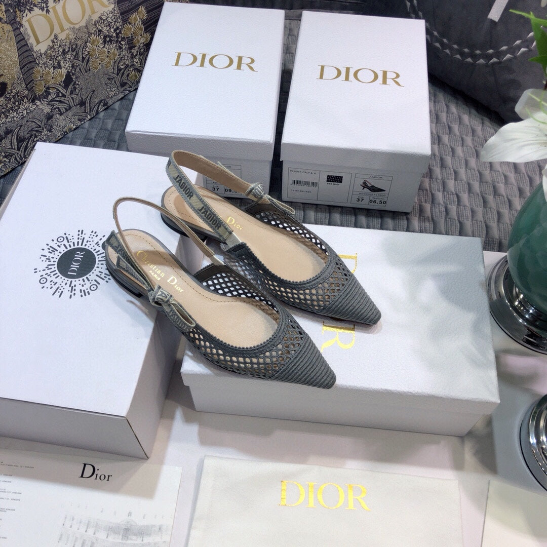 DIOR JA DIOR slingback flat transparent mesh grey embroidered cotton