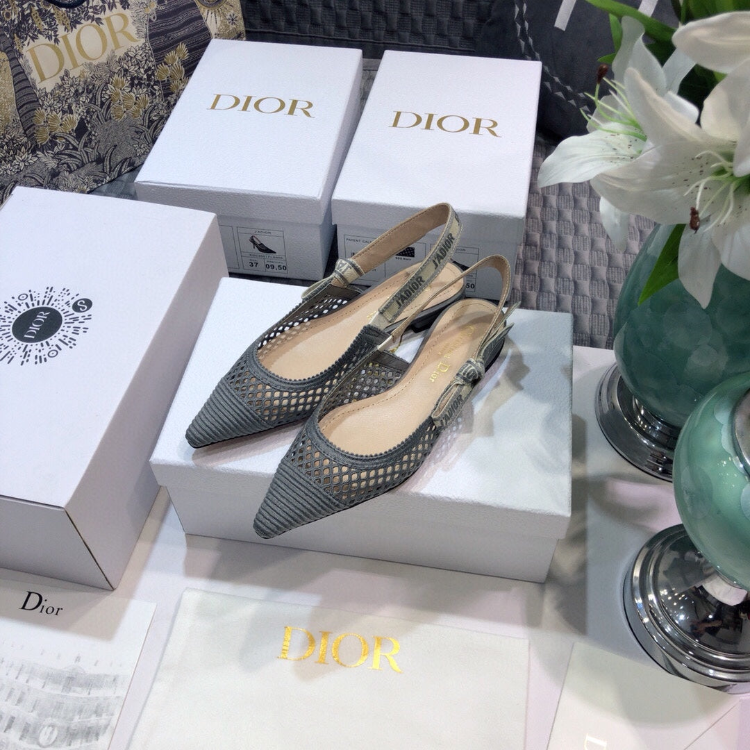 DIOR JA DIOR slingback flat transparent mesh grey embroidered cotton