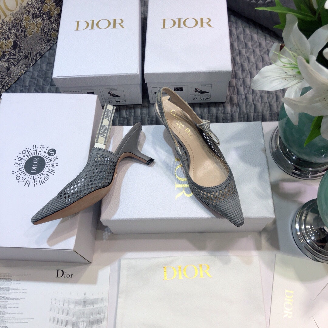 DIOR JA DIOR slingback pumps 65 transparent mesh grey embroidered cotton