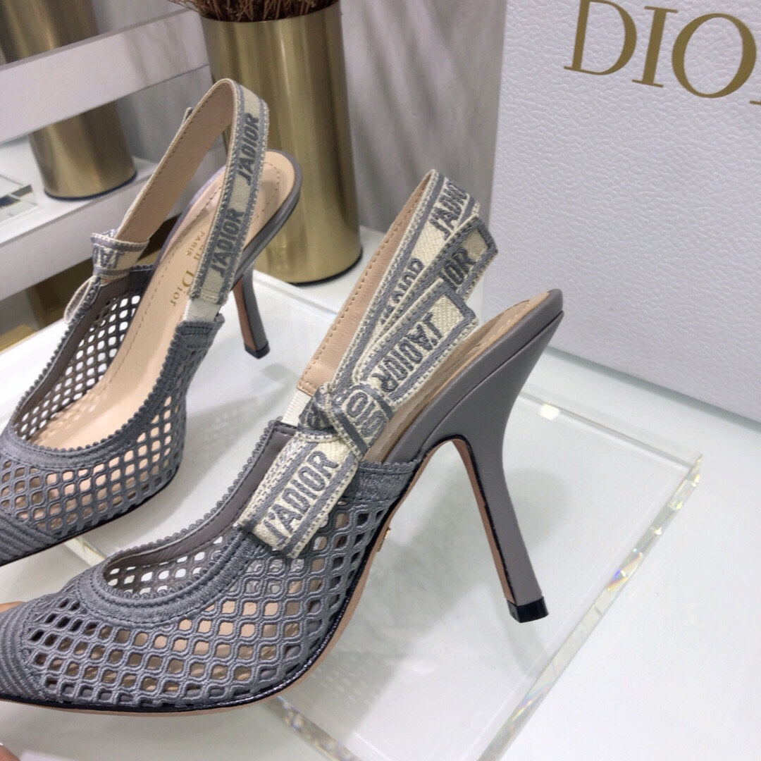 DIOR JA DIOR slingback pumps 95 transparent mesh grey embroidered cotton