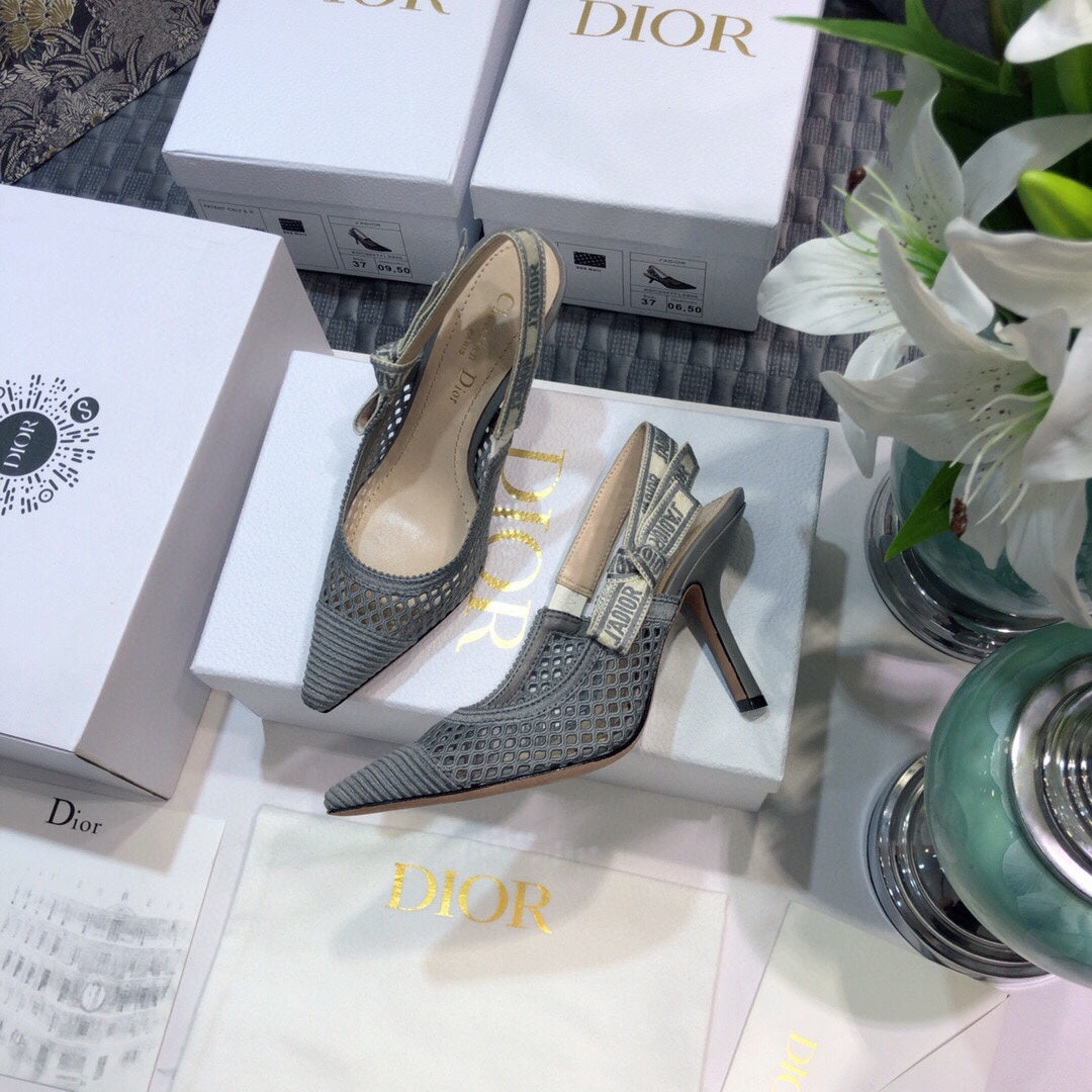 DIOR JA DIOR slingback pumps 95 transparent mesh grey embroidered cotton