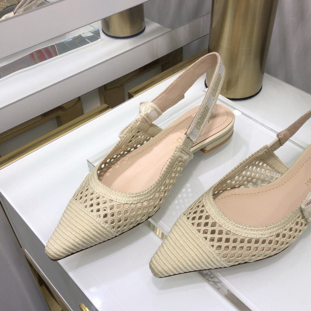 DIOR JA DIOR slingback flat transparent mesh beige embroidered cotton