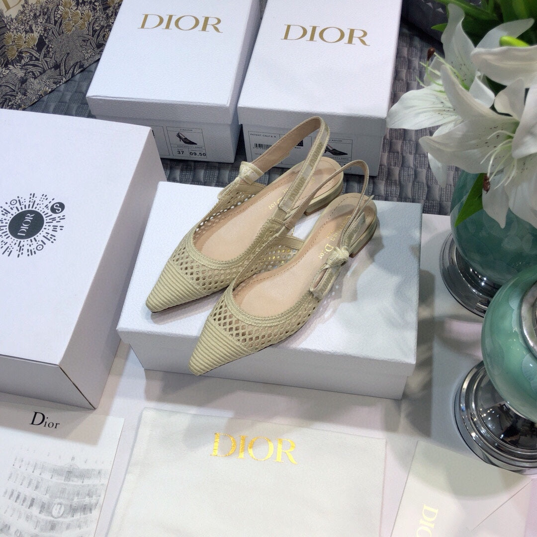 DIOR JA DIOR slingback flat transparent mesh beige embroidered cotton