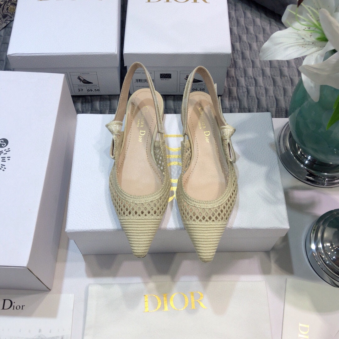 DIOR JA DIOR slingback flat transparent mesh beige embroidered cotton