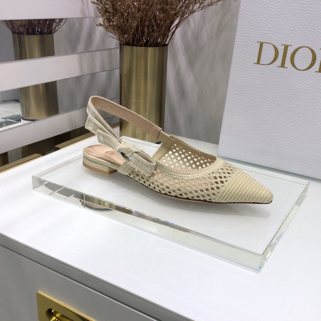 DIOR JA DIOR slingback flat transparent mesh beige embroidered cotton