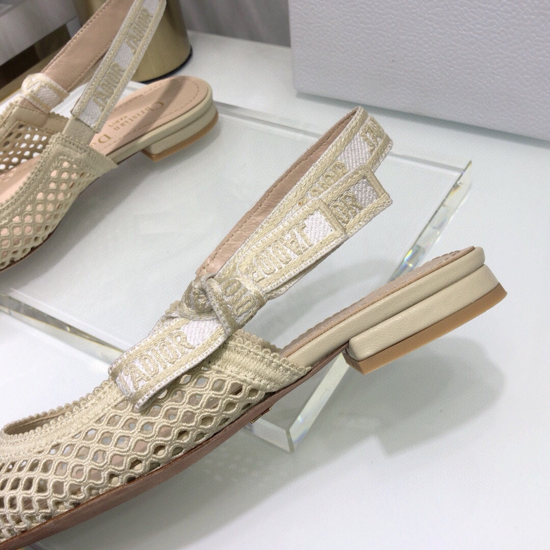 DIOR JA DIOR slingback flat transparent mesh beige embroidered cotton
