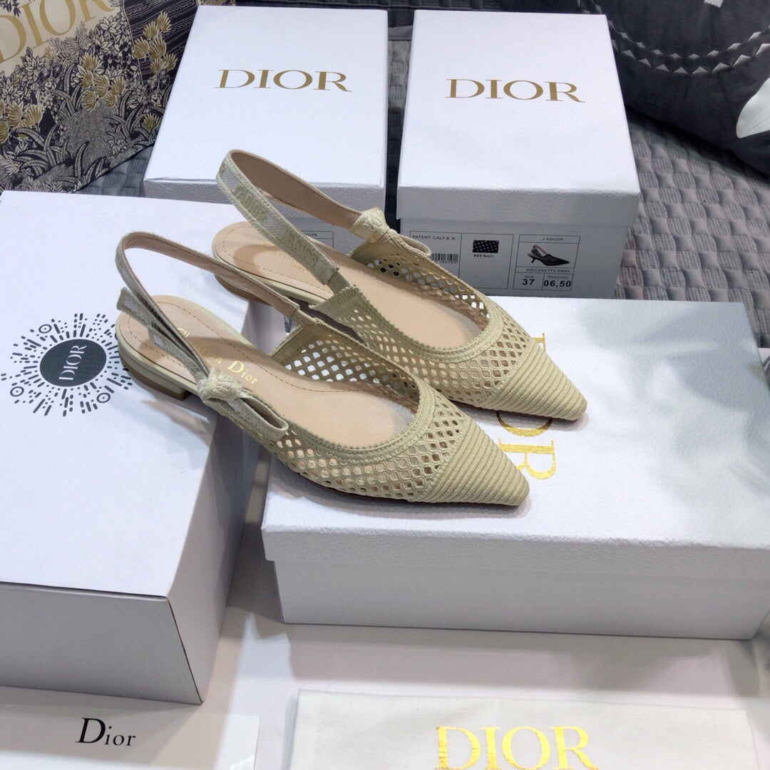 DIOR JA DIOR slingback flat transparent mesh beige embroidered cotton
