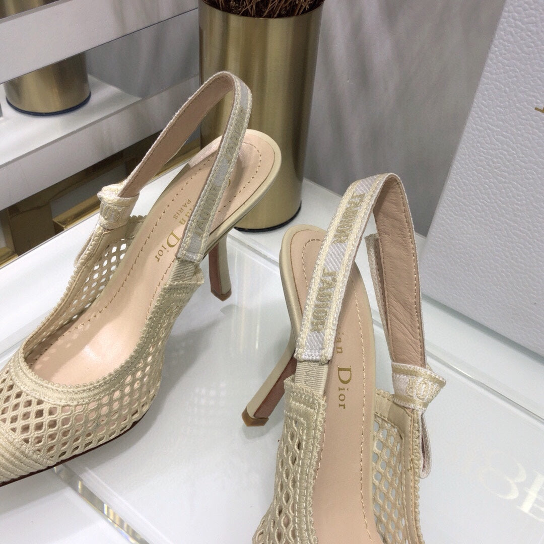 DIOR JA DIOR slingback pumps 95 transparent mesh beige embroidered cotton