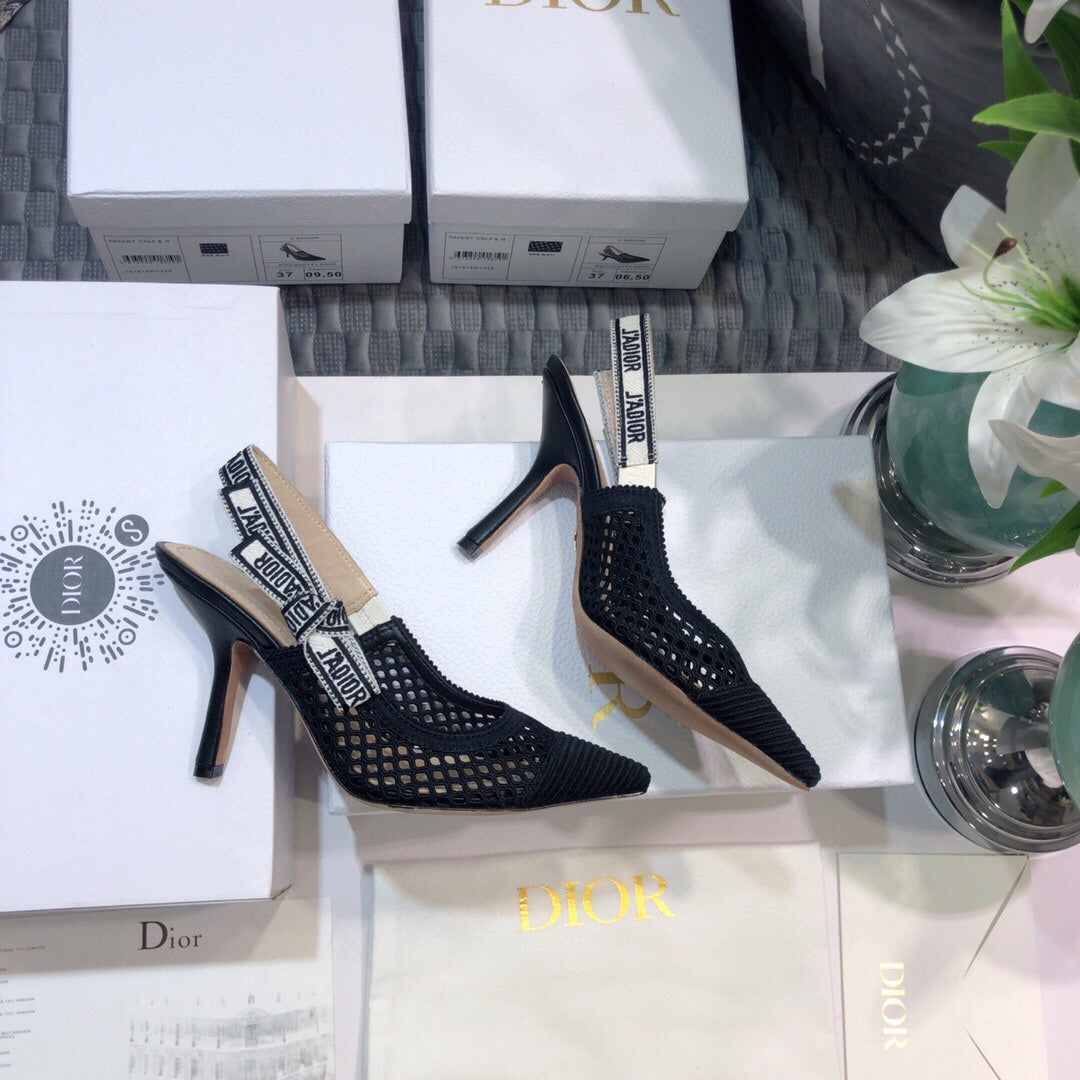 DIOR JA DIOR slingback pumps 95 transparent mesh black embroidered cotton