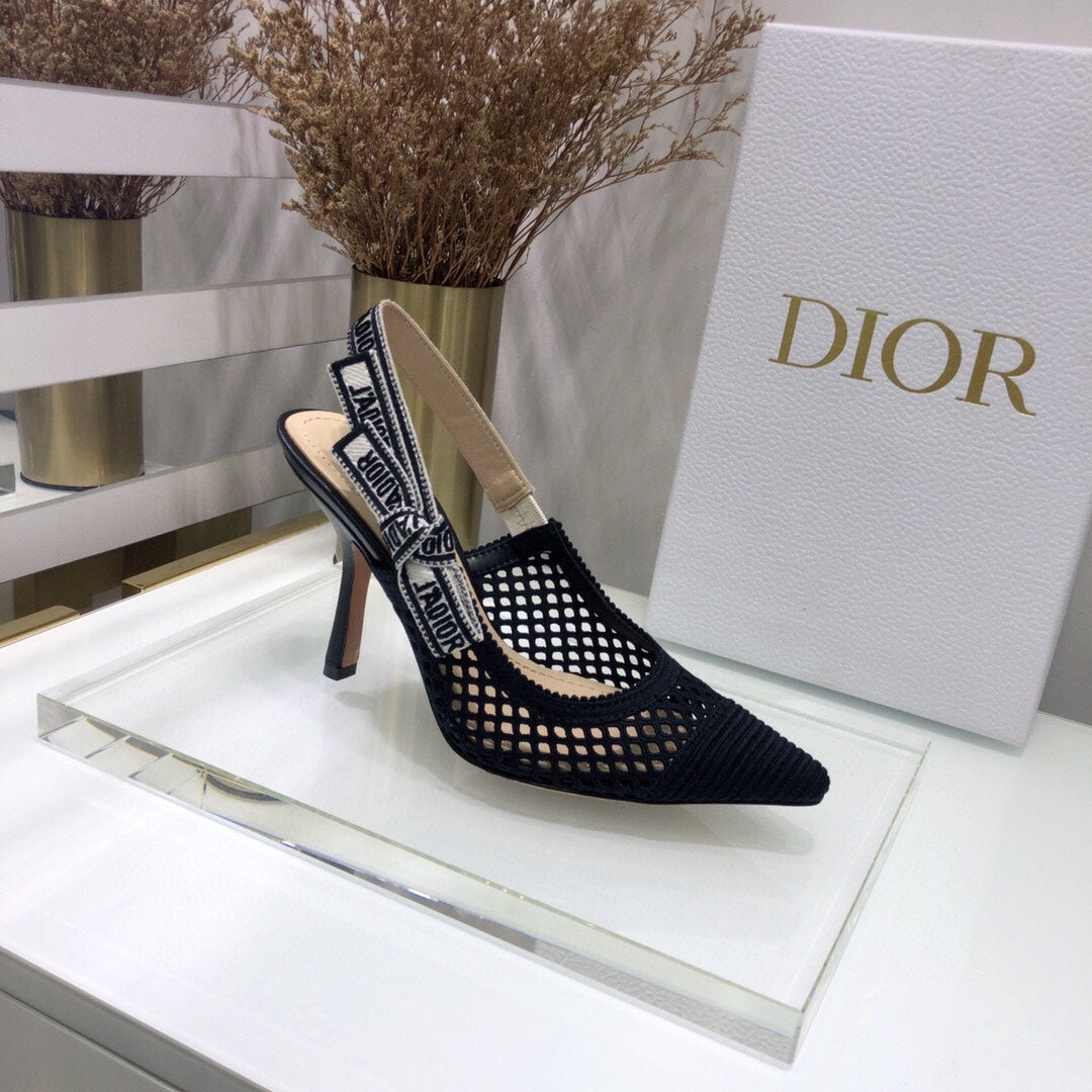 DIOR JA DIOR slingback pumps 95 transparent mesh black embroidered cotton