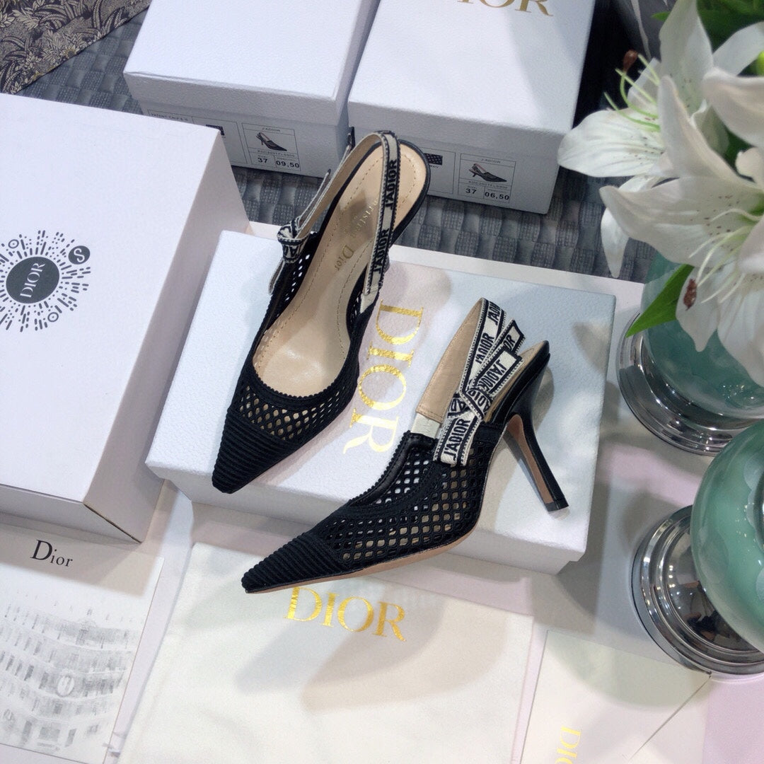DIOR JA DIOR slingback pumps 95 transparent mesh black embroidered cotton