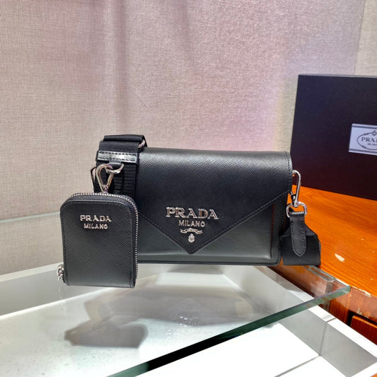 PRADA ENVELOPE FLAP BAG 20 IN BLACK SAFFIANO LEATHER