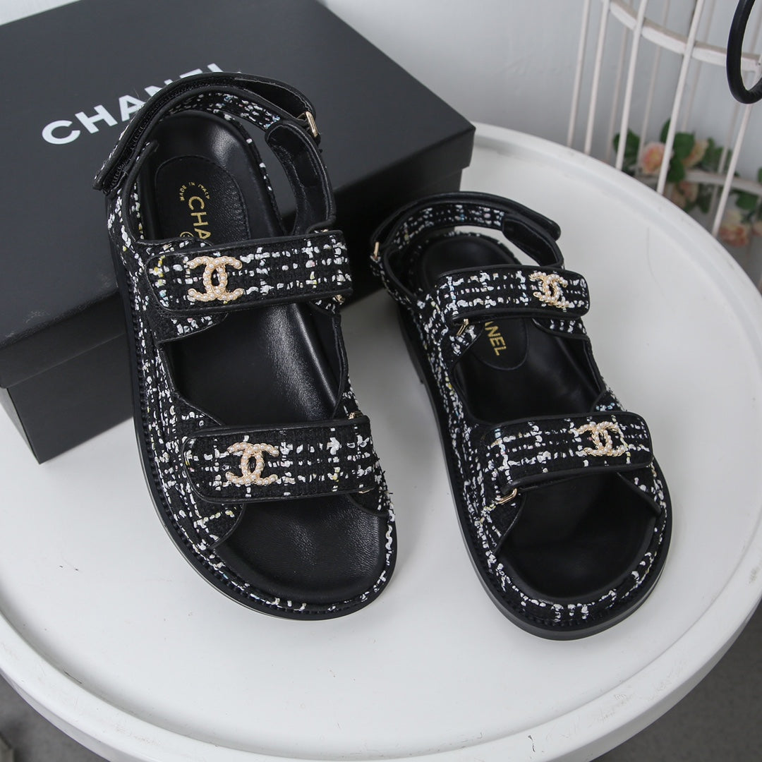 CHANEL 25S Dad Sandal White Black Tweed Calfskin