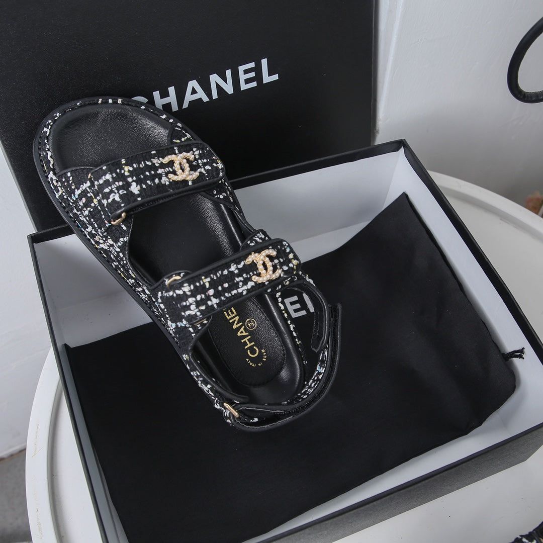 CHANEL 25S Dad Sandal White Black Tweed Calfskin
