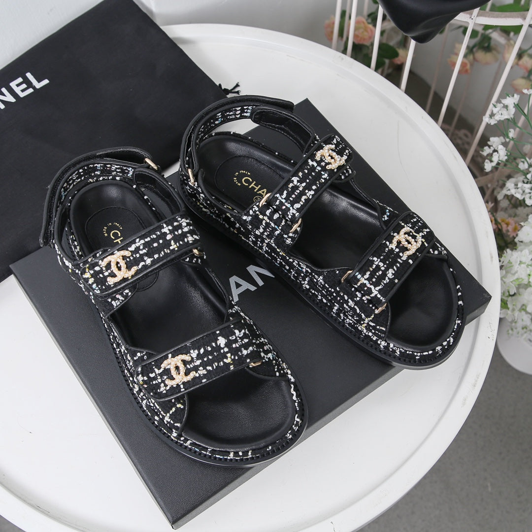 CHANEL 25S Dad Sandal White Black Tweed Calfskin