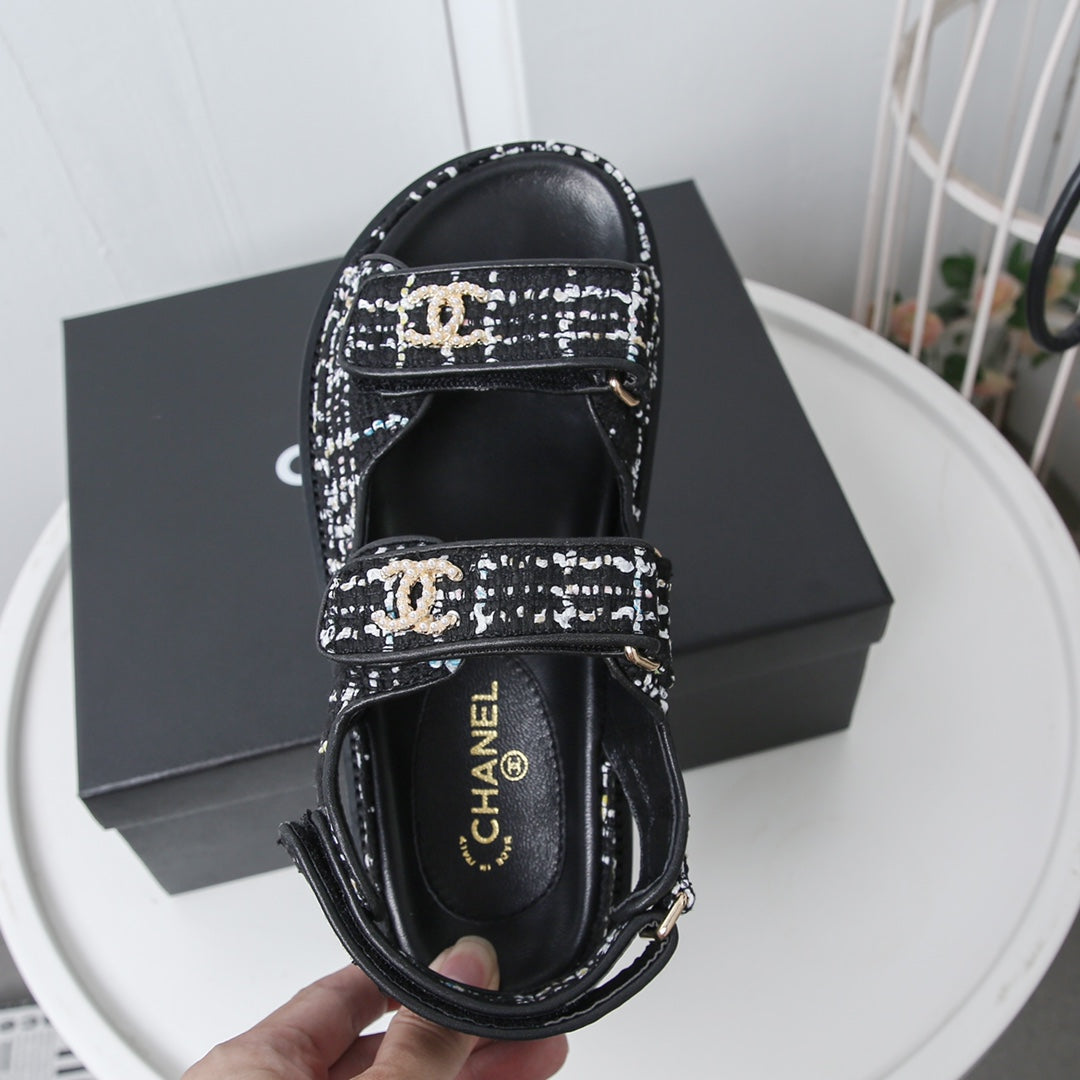 CHANEL 25S Dad Sandal White Black Tweed Calfskin