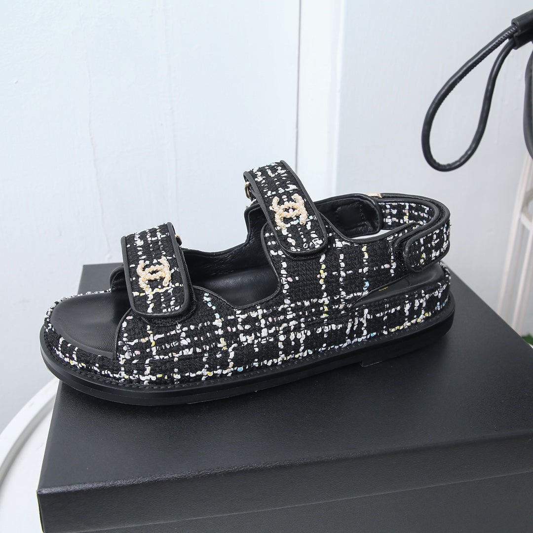 CHANEL 25S Dad Sandal White Black Tweed Calfskin