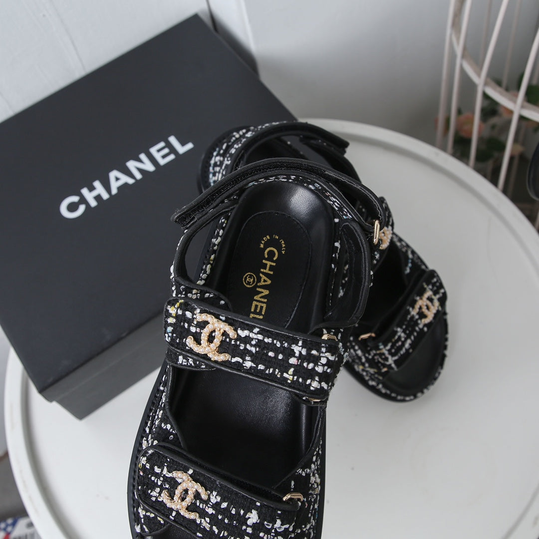 CHANEL 25S Dad Sandal White Black Tweed Calfskin