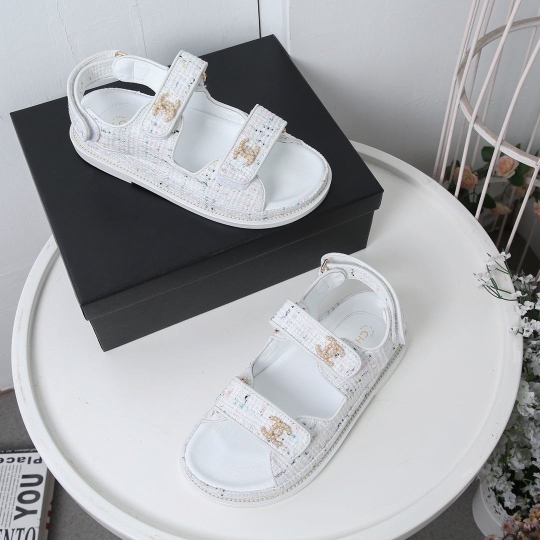 CHANEL 25S Dad Sandal White Tweed Calfskin