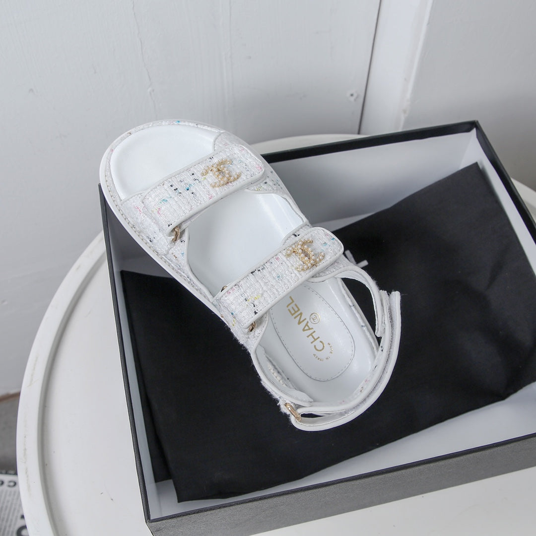 CHANEL 25S Dad Sandal White Tweed Calfskin