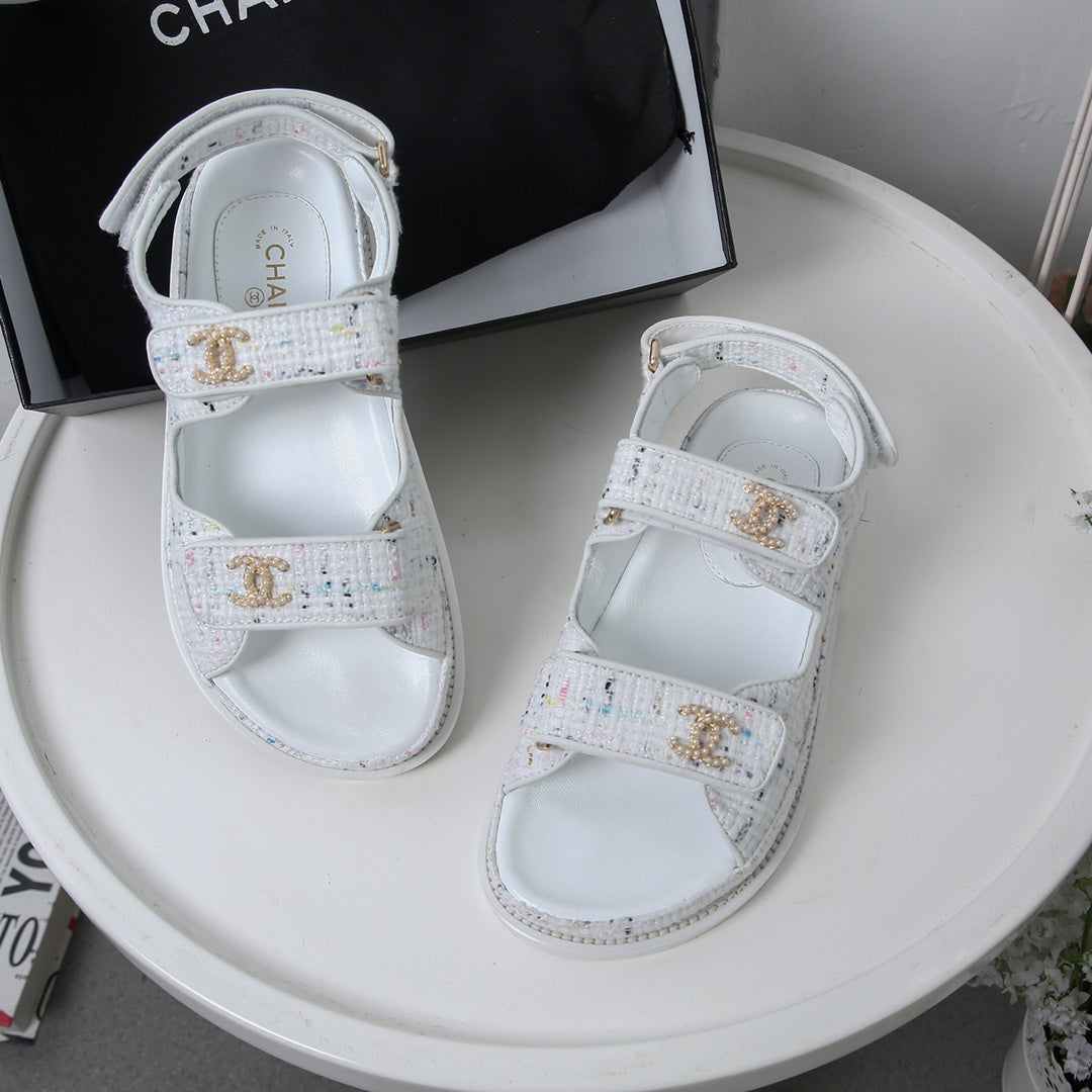 CHANEL 25S Dad Sandal White Tweed Calfskin