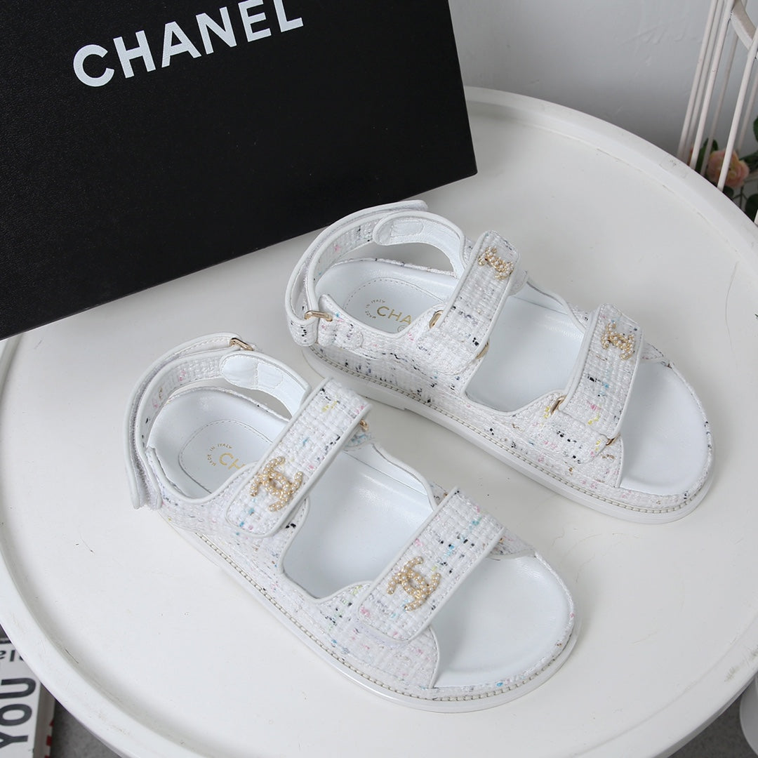 CHANEL 25S Dad Sandal White Tweed Calfskin