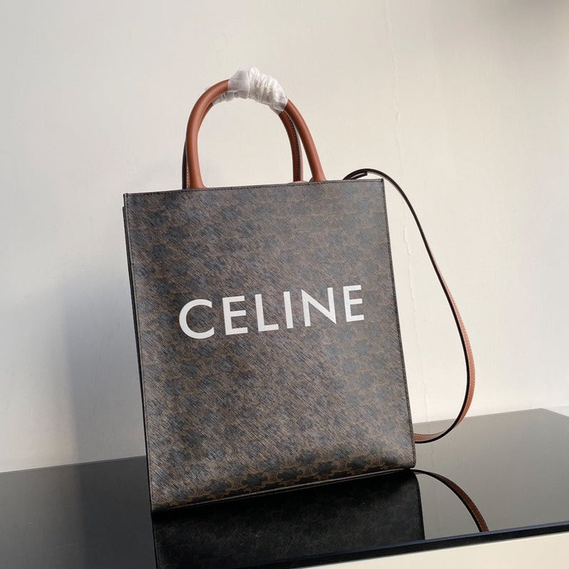 Celine small vertical cabas 28cm black triomphe canvas tan calfskin