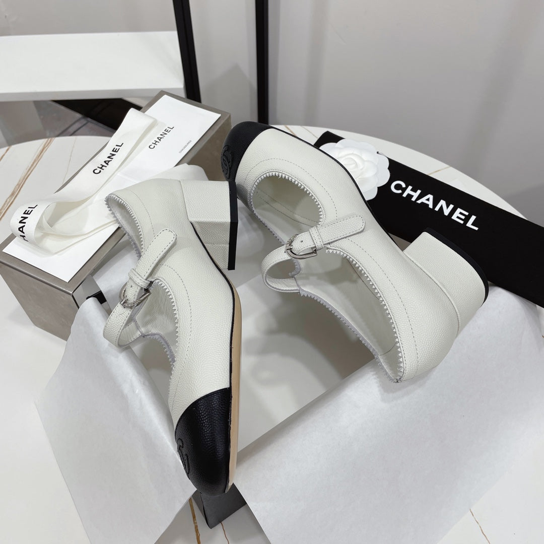 CHANEL MARY JANE BLOCK HEEL WHITE SHEEPSKIN