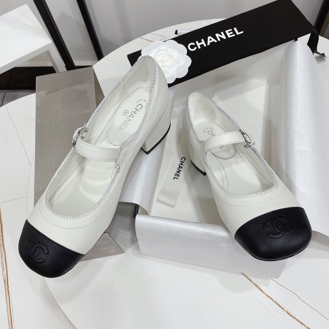 CHANEL MARY JANE BLOCK HEEL WHITE SHEEPSKIN
