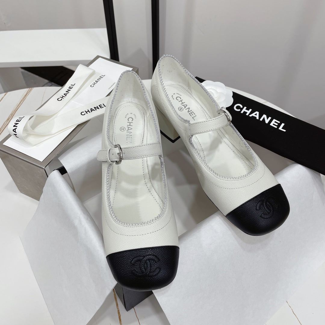 CHANEL MARY JANE BLOCK HEEL WHITE SHEEPSKIN
