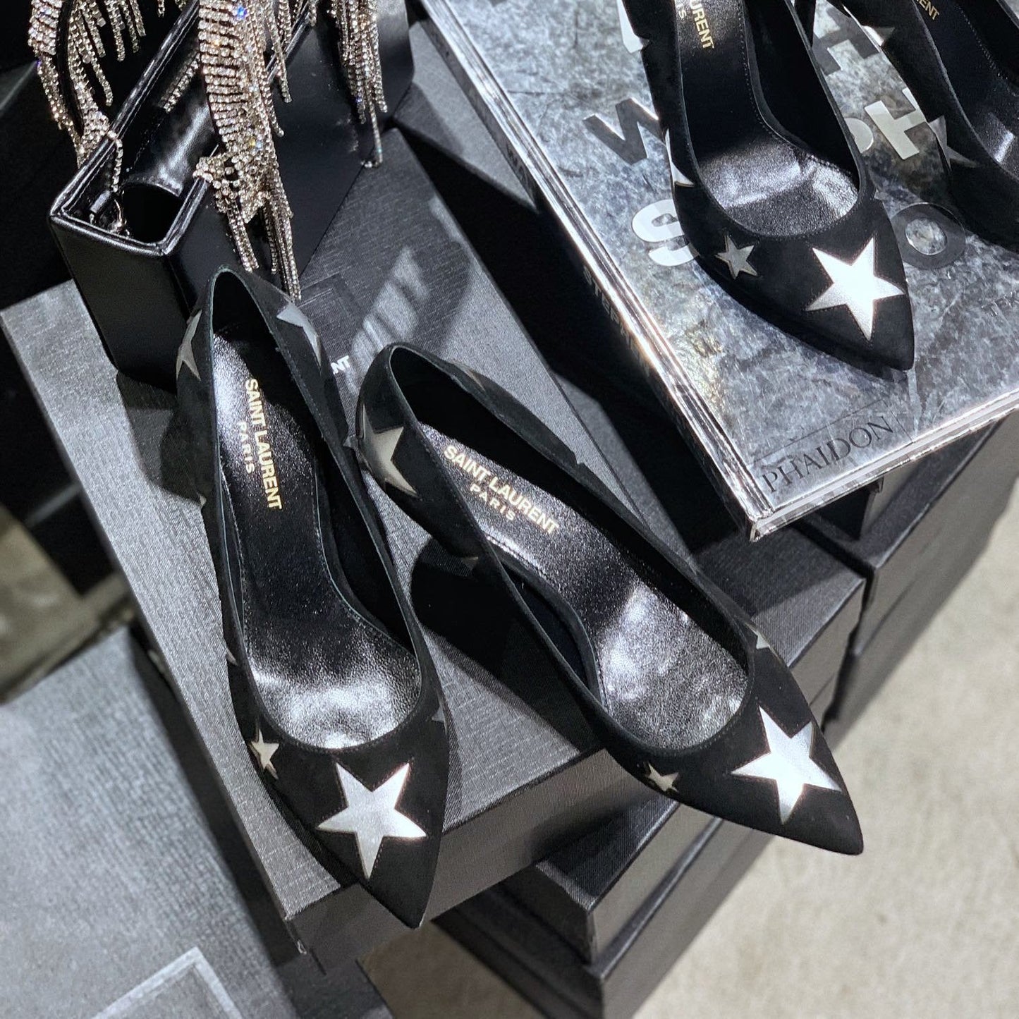 Saint Laurent SL CHARLOTTE SILVER STAR PUMPS BLACK SUEDE