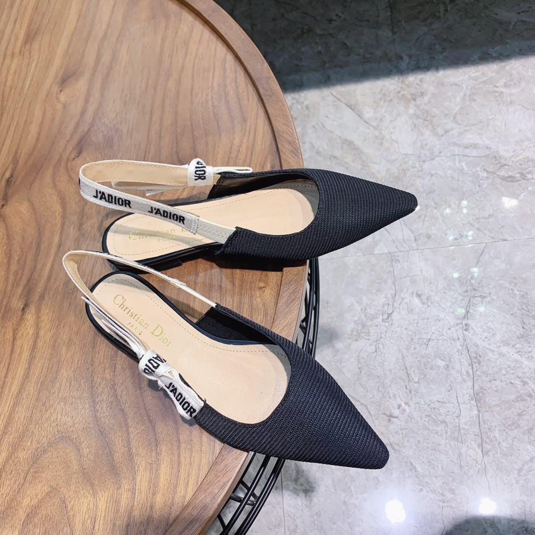 DIOR slingback flat black embroidery cotton ribbon