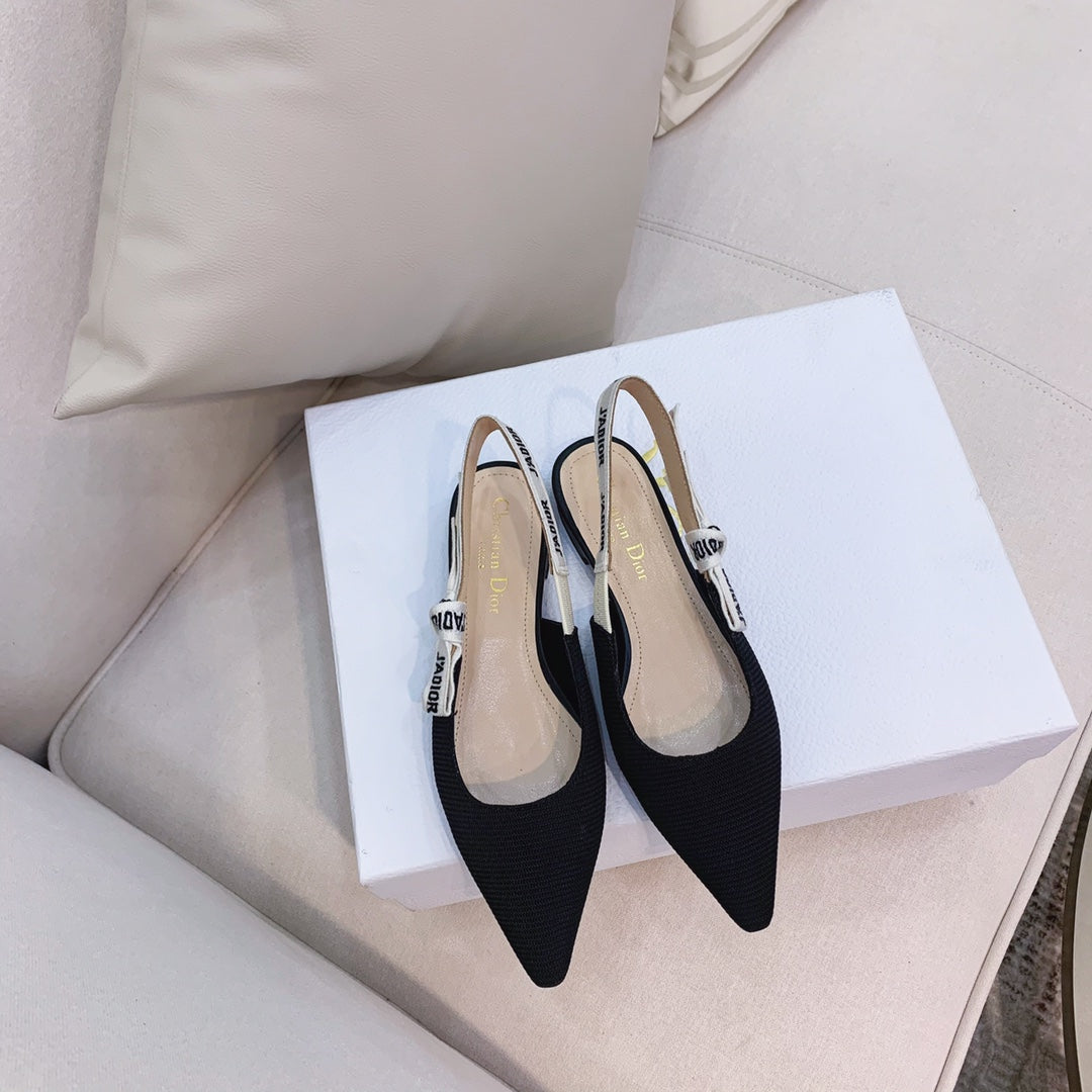 DIOR slingback flat black embroidery cotton ribbon